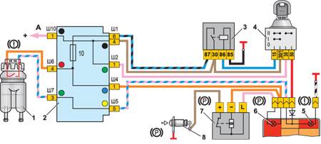 12.5 Схема соединений контрольных ламп тормозной системы ВАЗ 2105
