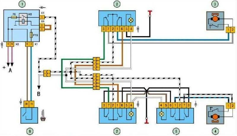 Схема подклчюения электростеклоподъемников на ВАЗ 2109 с монтажным блоком 2114-3722010-60
